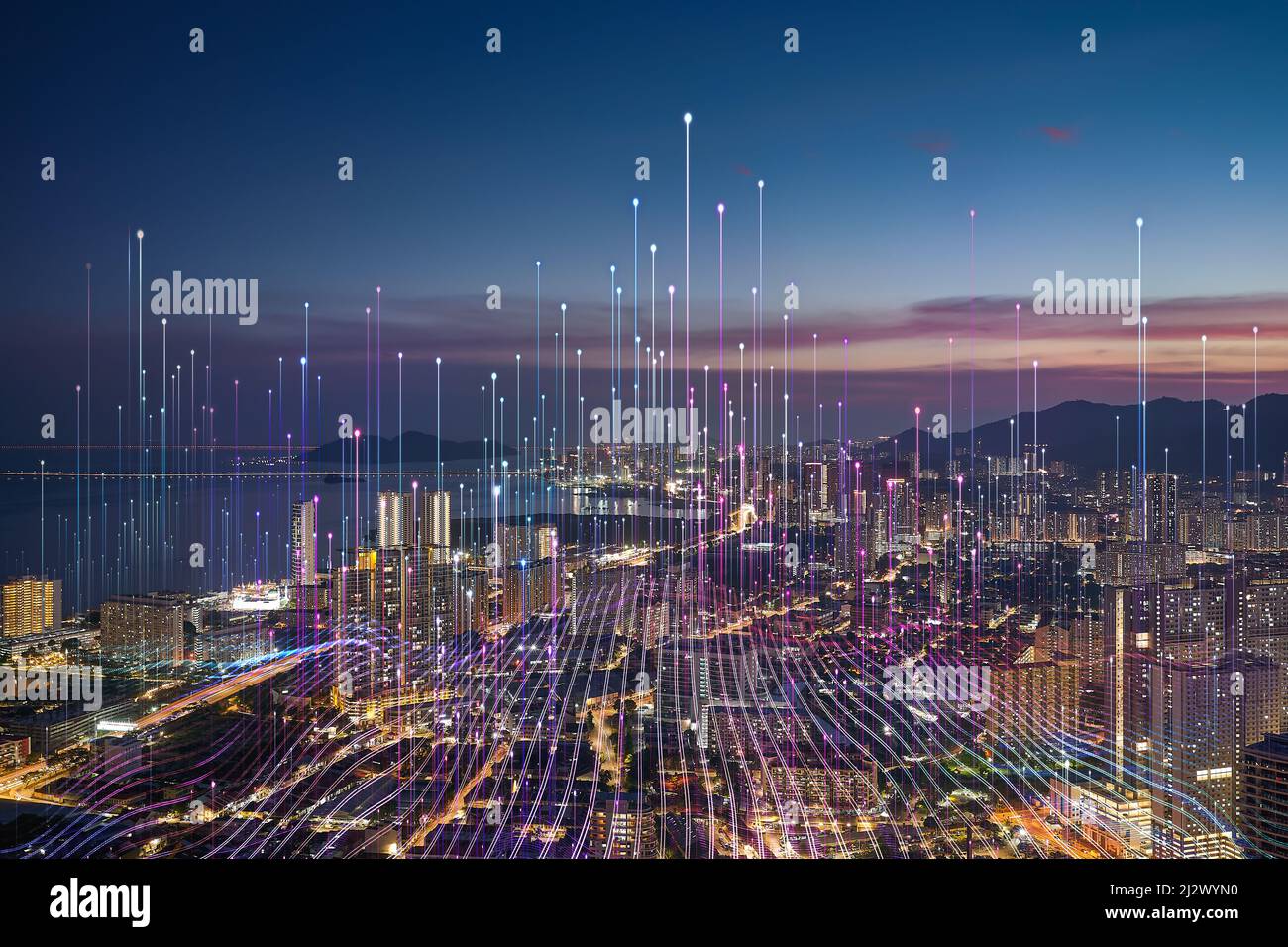 La città intelligente e il punto di punto astratto si connettono con la linea di gradiente, il concetto di tecnologia di connessione dei big data. Foto Stock