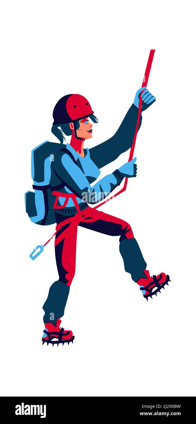 Ragazza rock climber in attrezzature sportive con uno zaino dietro la schiena si arrampica, cartoon vettore illustrazione isolato su uno sfondo bianco Illustrazione Vettoriale
