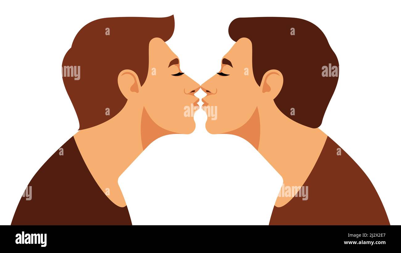 Bissing coppia gay. Bei uomini bianchi si baciano a occhi chiusi. Due giovani che esprimono amore, tenerezza, affetto. Illustrazione vettoriale Illustrazione Vettoriale