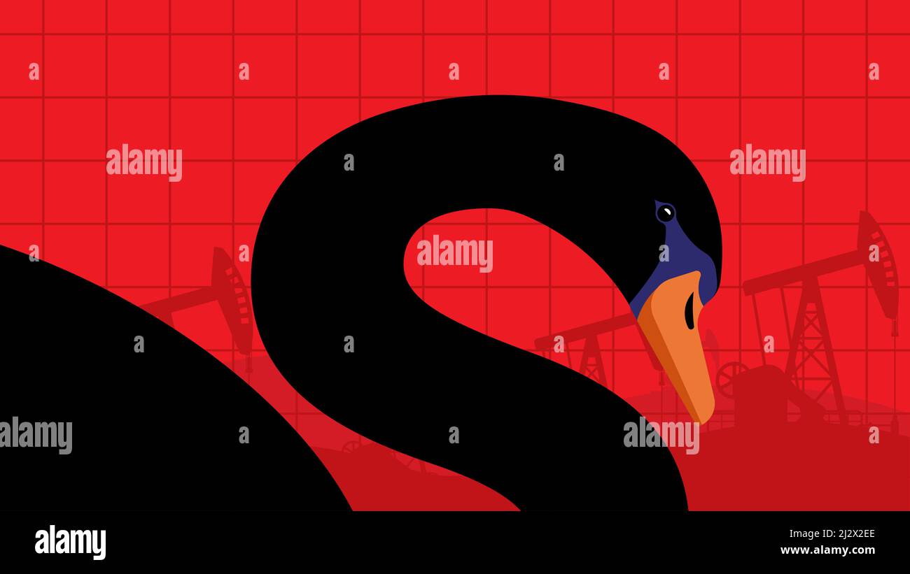 La teoria del cigno nero. Martinetto delle pompe dell'olio su sfondo rosso. Concetto di crash del mercato petrolifero, crisi, occasione inaspettata. Illustrazione moderna vettoriale. Illustrazione Vettoriale
