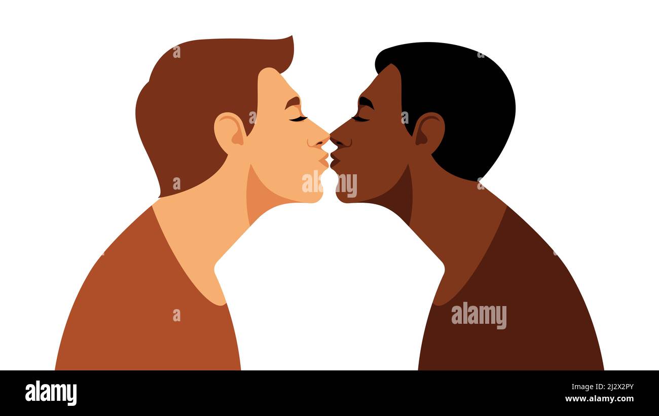 Bissing coppia gay. Bei uomini multietnici si baciano a occhi chiusi. Due giovani che esprimono amore, tenerezza, affetto. Vettore il Illustrazione Vettoriale