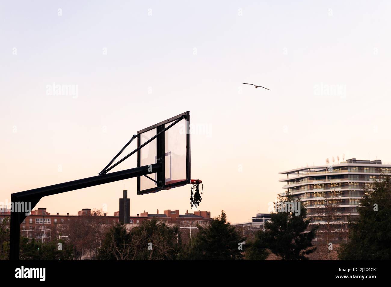 cestino di un campo da basket in città, concetto di sport urbano in strada, copia spazio per il testo Foto Stock