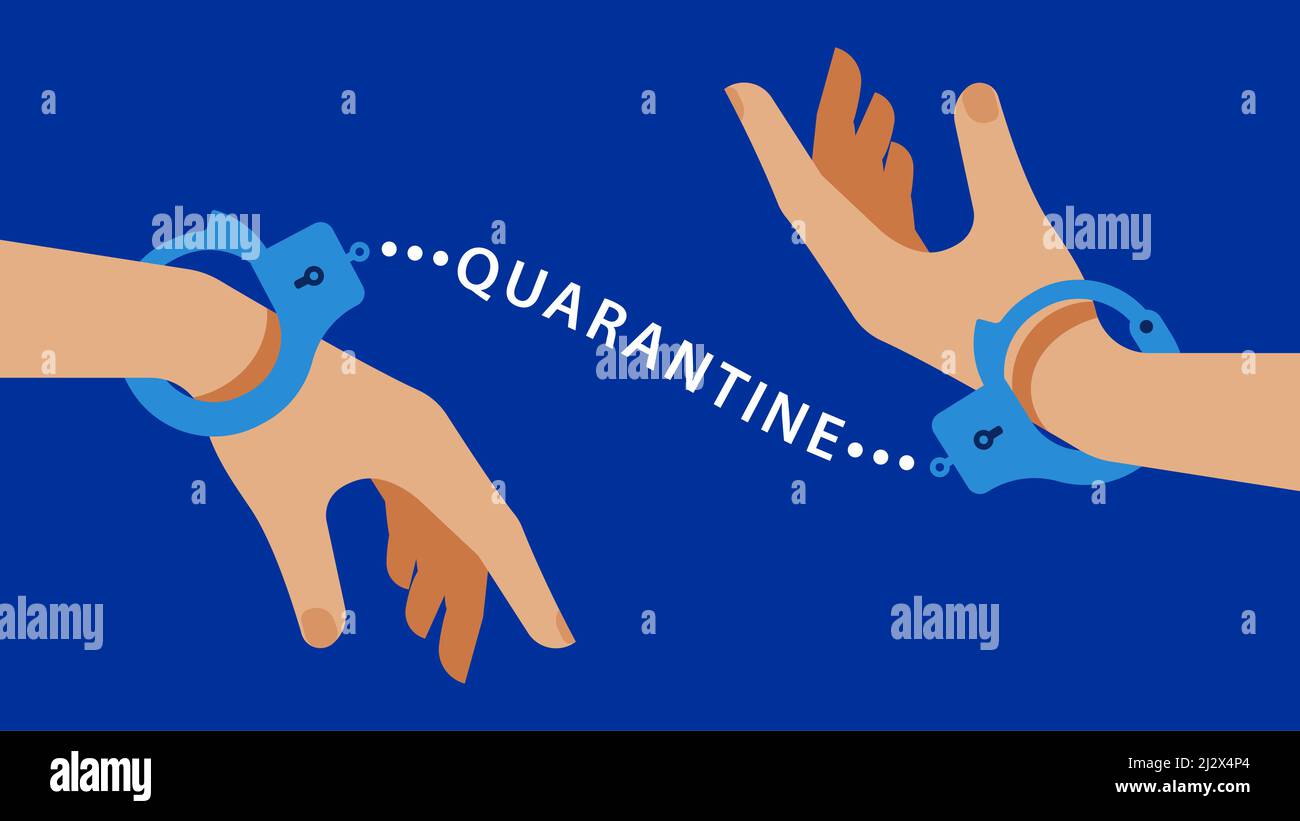 Quarantena. Metafora: Le mani sono collegate dall'iscrizione quarantena come manette. Il concetto di persone che sono costrette ad essere insieme in uno spazio Illustrazione Vettoriale
