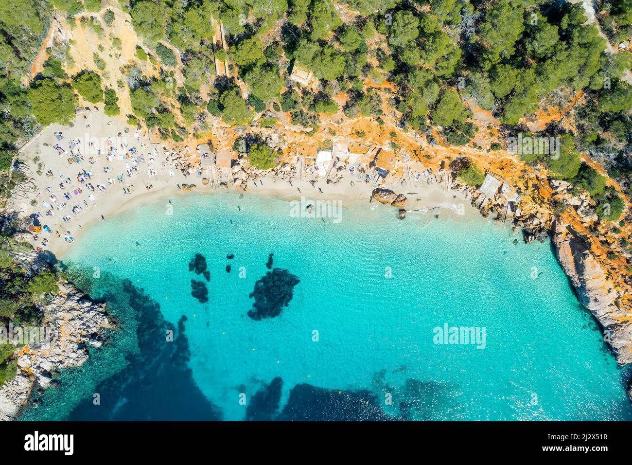 Veduta aerea di Cala Saladeta, isole Ibiza, Spagna Foto Stock