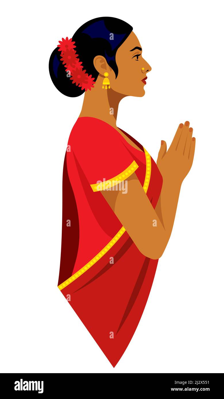 Bella donna indiana in abiti tradizionali - sari rosso brillante. Ritratto femminile, vista laterale. Donna indiana in abbigliamento tradizionale con mani in preghiera. Illustrazione Vettoriale