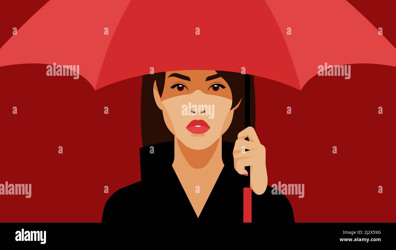 Donna con ombrello rosso. La splendida brunetta si trova sotto un ombrello. Ritratto di bellezza luminoso. Concetto di camminare, pioggia, maltempo, protezione. Moder Illustrazione Vettoriale