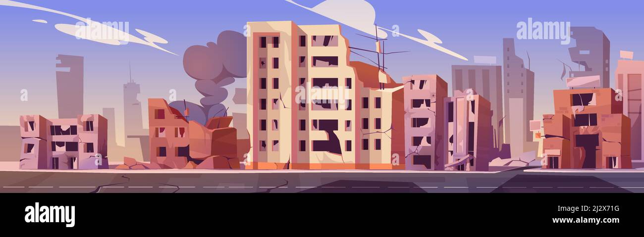 Città distruggere in zona di guerra, edifici abbandonati con fumo. Distruzione, calamità naturali o conseguenze cataclismiche, rovine del mondo post-apocalittico con b Illustrazione Vettoriale