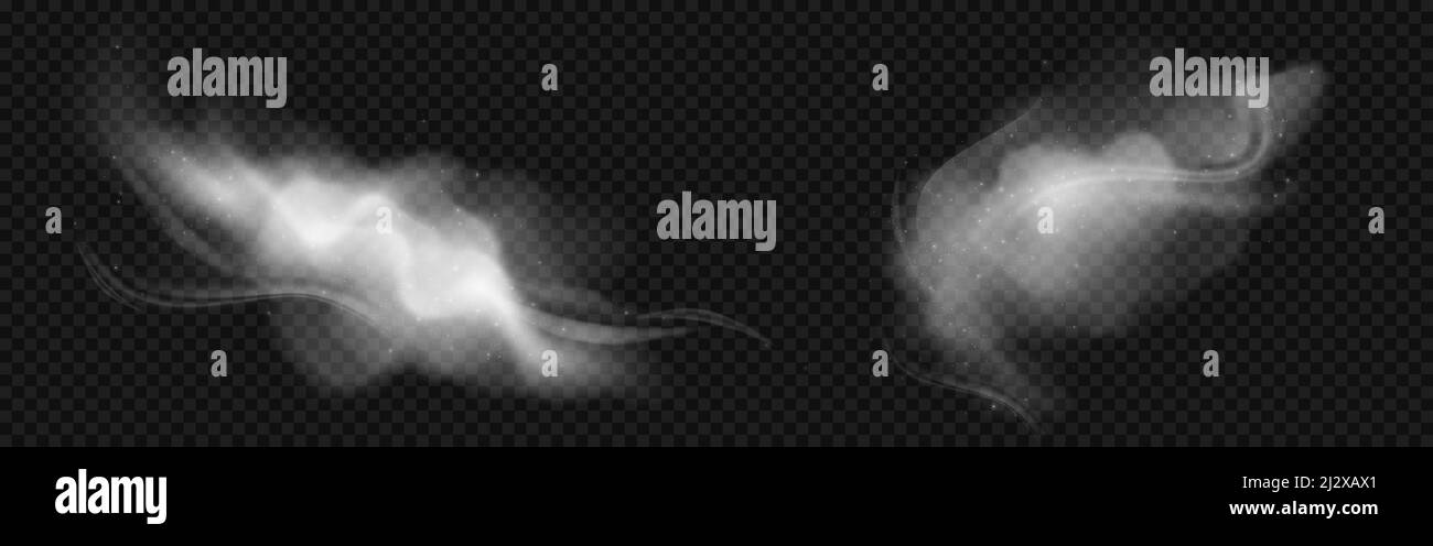 Effetti di vento freddo con fumo bianco e fiocchi di neve volanti. Vettore realistico set di aria soffia gelo, brezza d'inverno. Flusso di nubi di nebbia congelata Illustrazione Vettoriale