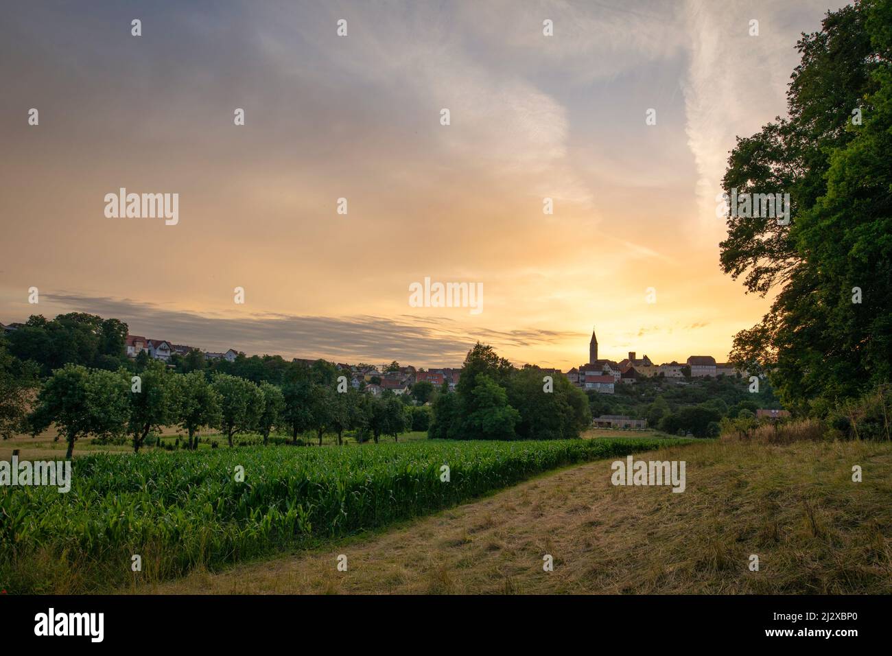 Atmosfera serale a Kirchberg an der Jagst, Schwaebisch Hall, Baden Wuerttemberg, Germania, Europa Foto Stock