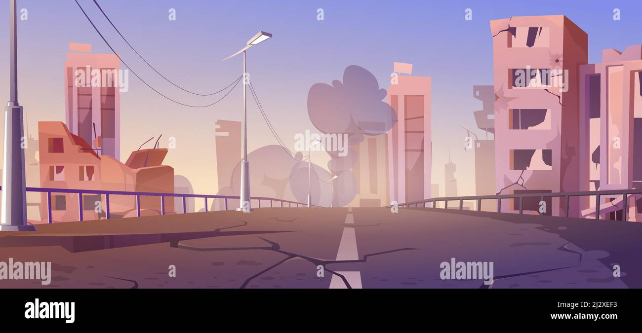 Città distruggere in zona di guerra, edifici abbandonati e ponte con fumo. Distruzione, disastro naturale o cataclisma, rovine del mondo post-apocalittico con bro Illustrazione Vettoriale