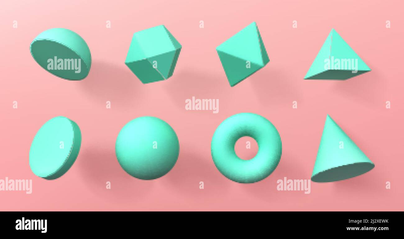 Forme geometriche 3d emisfero, ottaedro, sfera e toro, cono, cilindro e piramide con icosaedro. Figure geometriche voluminose di base per educa Illustrazione Vettoriale