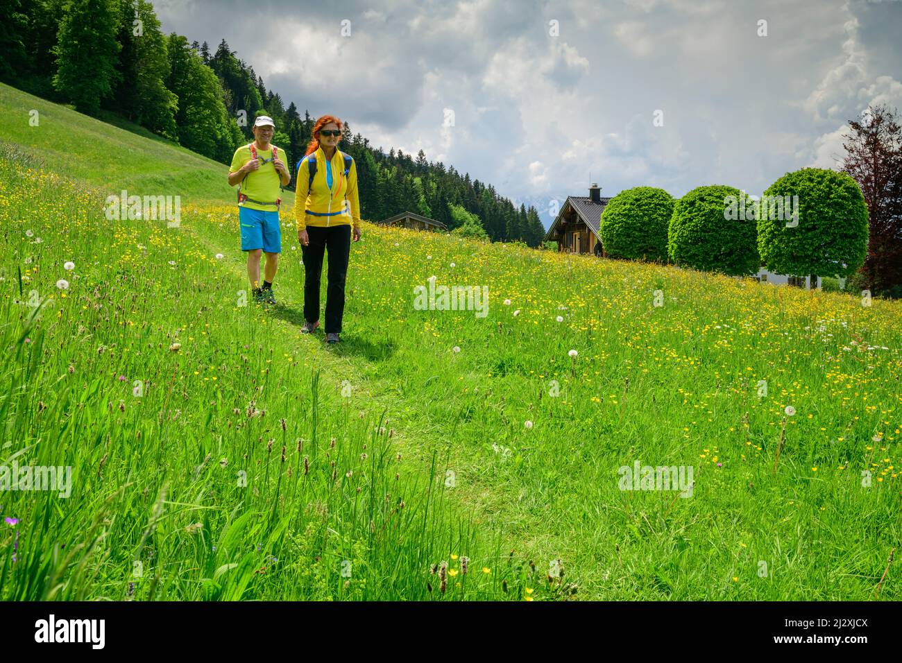 Escursioni uomo e donna a Wiesenweg, Alpi Berchtesgaden, Salzalpensteig, alta Baviera, Baviera, Germania Foto Stock