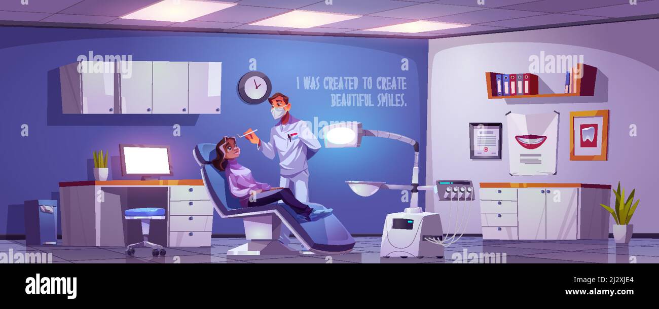 Camera dentale con donna seduta in sedia e medico. Illustrazione vettoriale cartoon con dentista e paziente in stomatologia in clinica o ospi Illustrazione Vettoriale