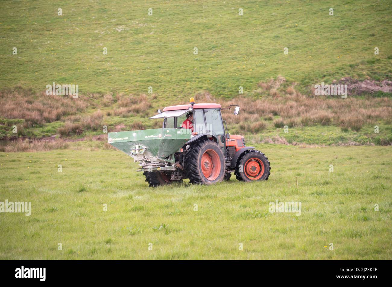 Coltivatore che sparge fertilizzante artificiale su campo di erba Foto Stock