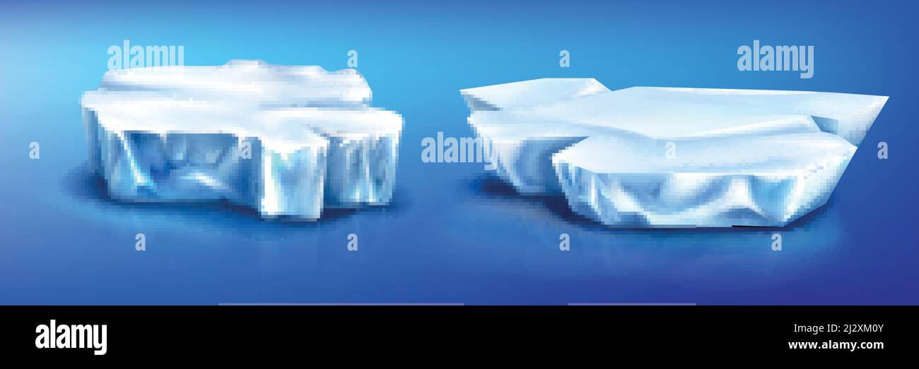 Ghiaccio galleggianti pezzi di iceberg, ghiacciaio su superficie blu acqua congelata con riflessione. Blocchi di cristallo di neve artico o a polo nord, elementi di design isolati, na Illustrazione Vettoriale