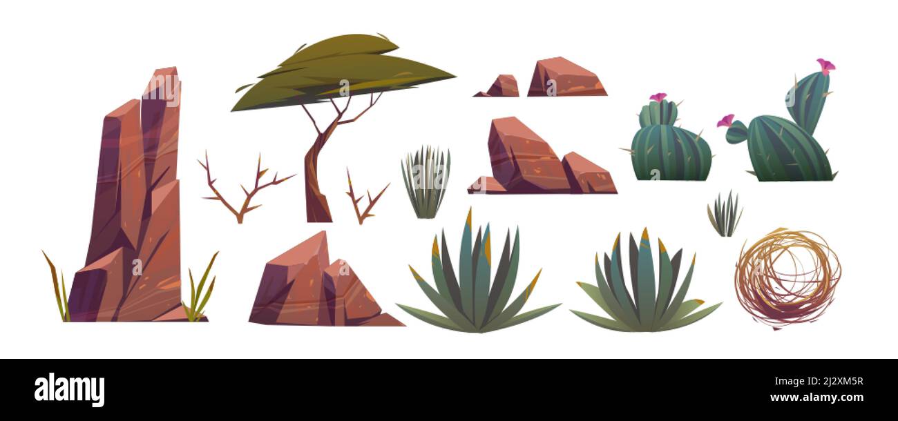 Tumbleweed, cactus e rocce di deserto di sabbia in Africa. Cartoni animati vettoriali di pietre, arbusti rotolanti asciutti, alberi tropicali verdi e piante desertiche isolati Illustrazione Vettoriale