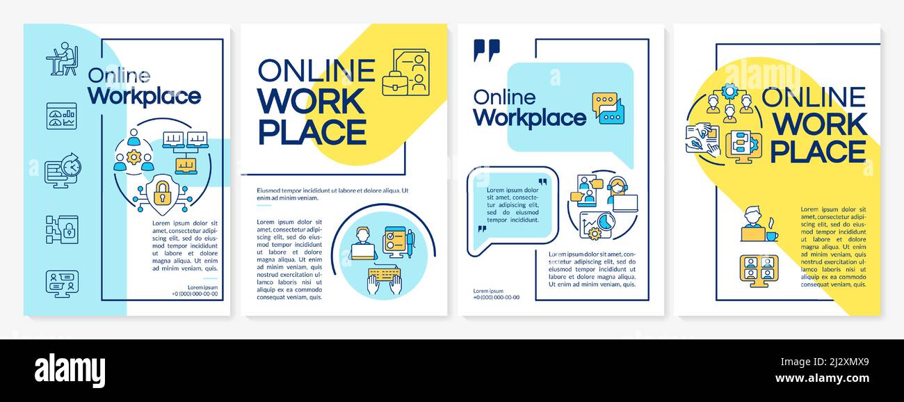 Modello di brochure online blu e giallo per l'ambiente di lavoro Illustrazione Vettoriale