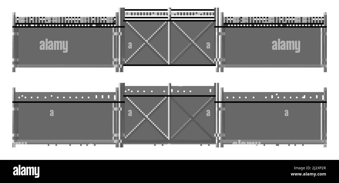 Recinzione con filo spinato, griglia con cancello. Recinzione colorata in argento a tre segmenti, barriera di protezione perimetrale separata da pali in acciaio metallico, isolamento a rabitz Illustrazione Vettoriale