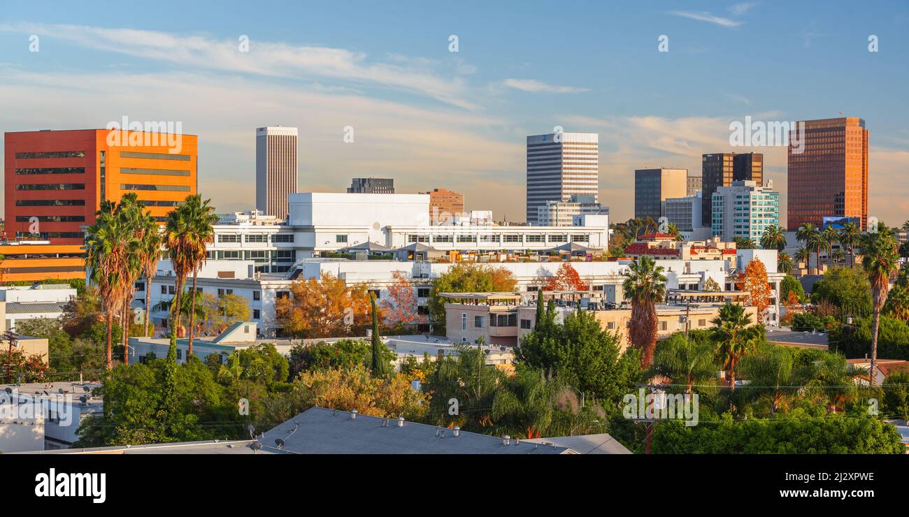 Beverly Hills, California, Stati Uniti d'America con vista sullo skyline del tetto e con particolare attenzione alle palme. Foto Stock