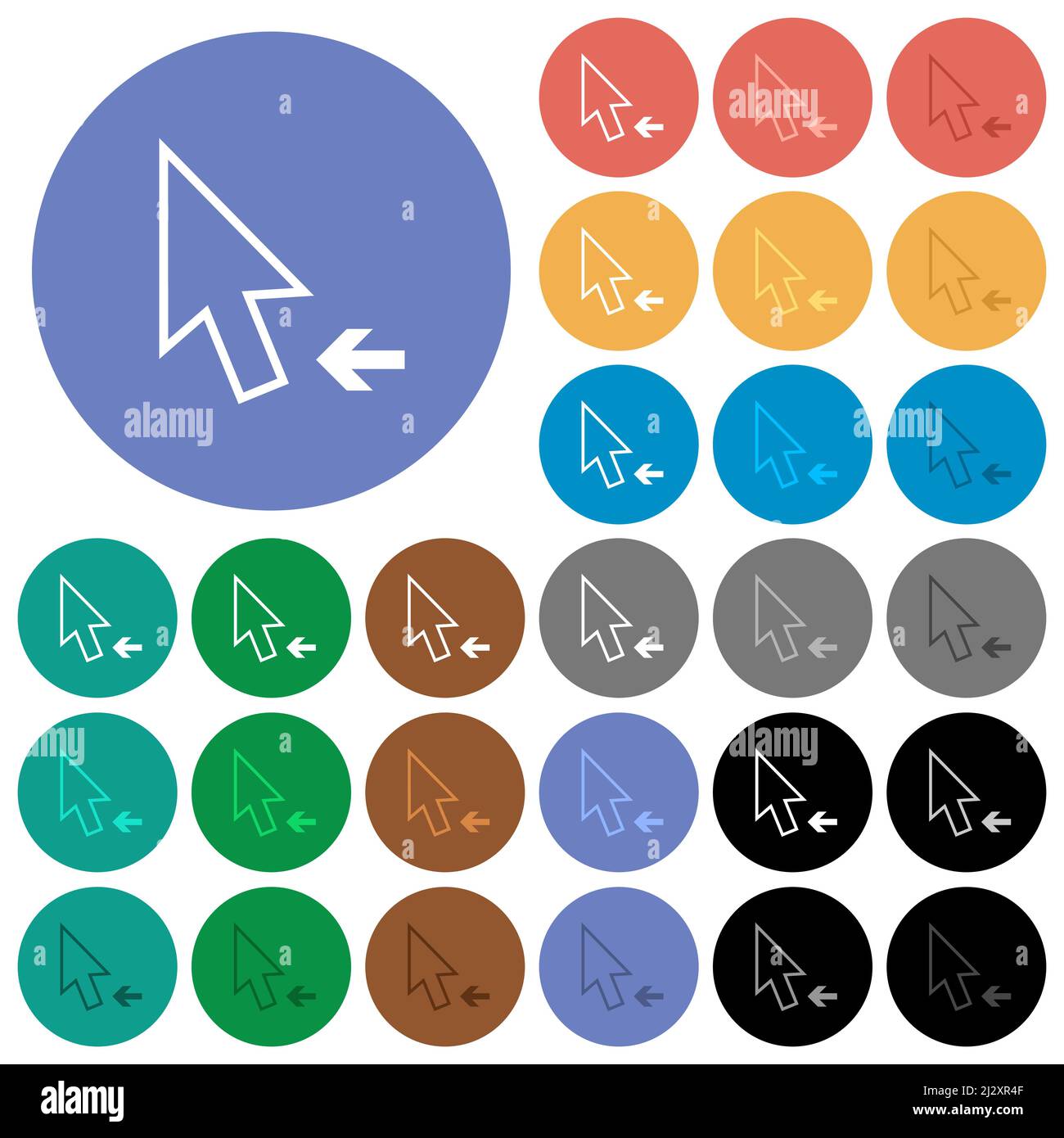 Freccia cursore a sinistra contorno icone piatte multicolore su sfondi rotondi. Sono incluse le variazioni delle icone bianche, chiare e scure per il passaggio del mouse e lo stato attivo ef Illustrazione Vettoriale