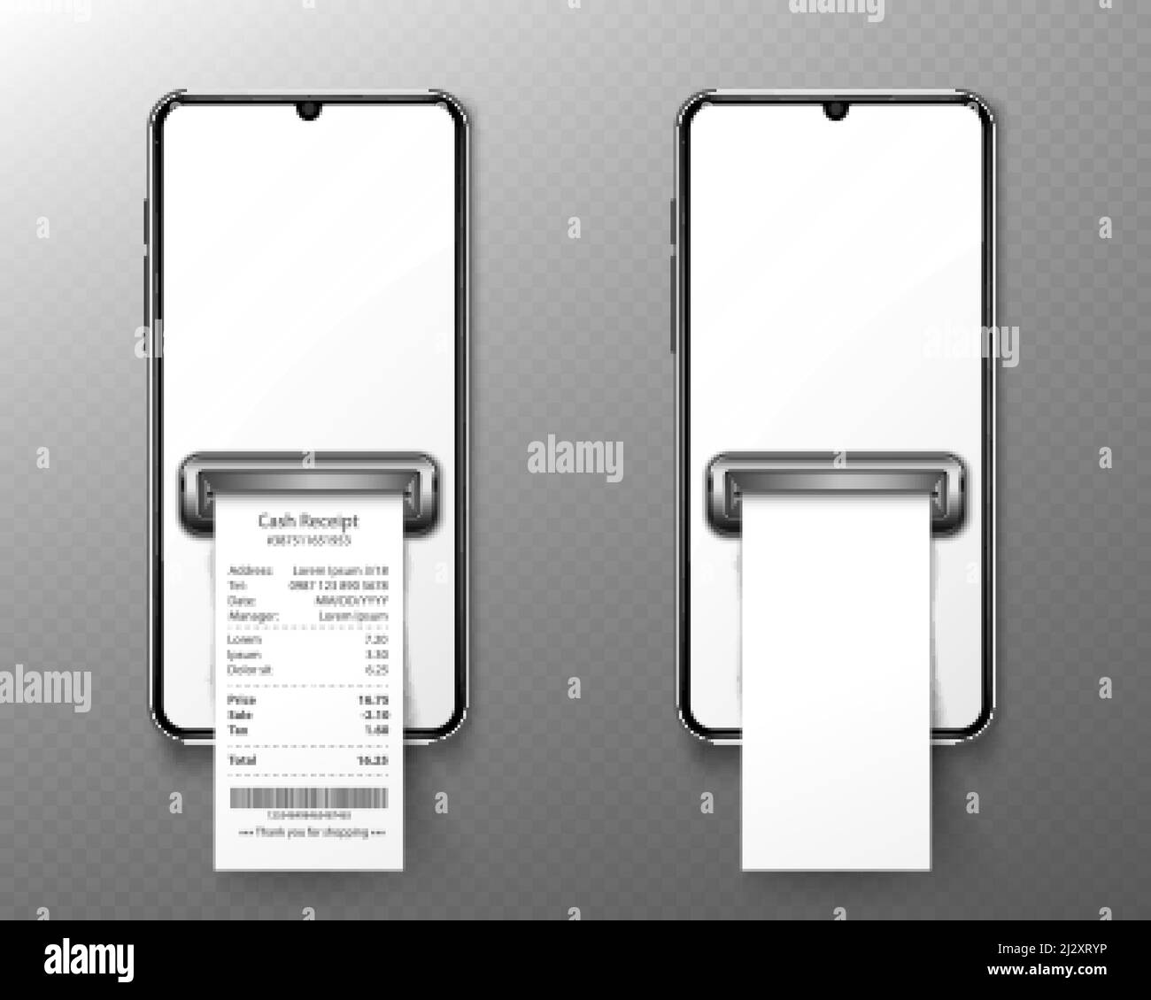 Telefono cellulare con ricevuta del negozio nella vista frontale. Concetto di pagamento online, fattura digitale e assegno elettronico. Mockup vettoriale realistico di smartph Illustrazione Vettoriale