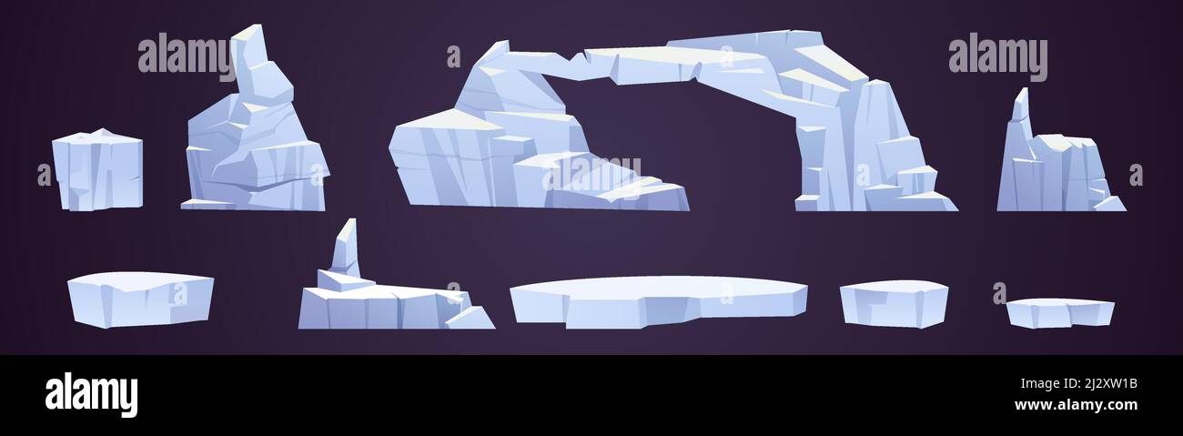 Galleggianti di ghiaccio, pezzi di iceberg congelati, ghiacciai di forme diverse. Blocchi di cristallo di neve artico o a polo nord isolati su sfondo scuro, disegno e. Illustrazione Vettoriale