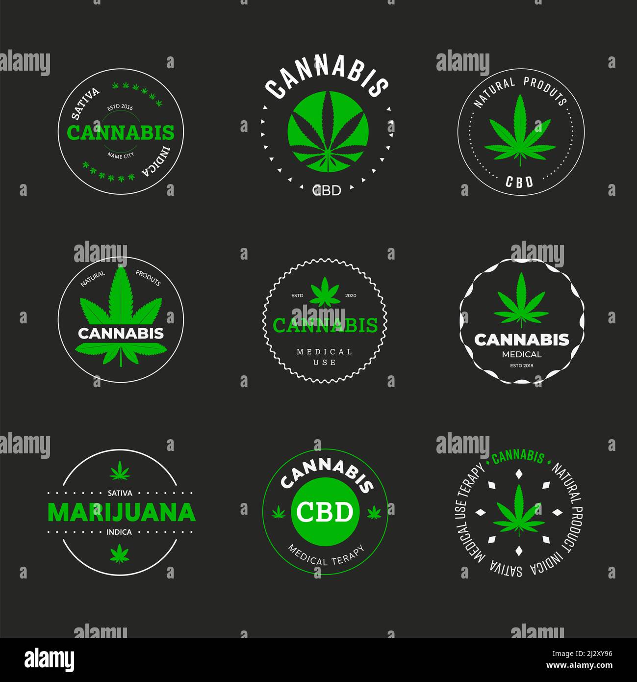 Disegno di etichetta vettoriale con foglia di marijuana. Modello di icone e emblemi di segni medici verdi e sativa in un cerchio. Logo grafici con cann organico Illustrazione Vettoriale