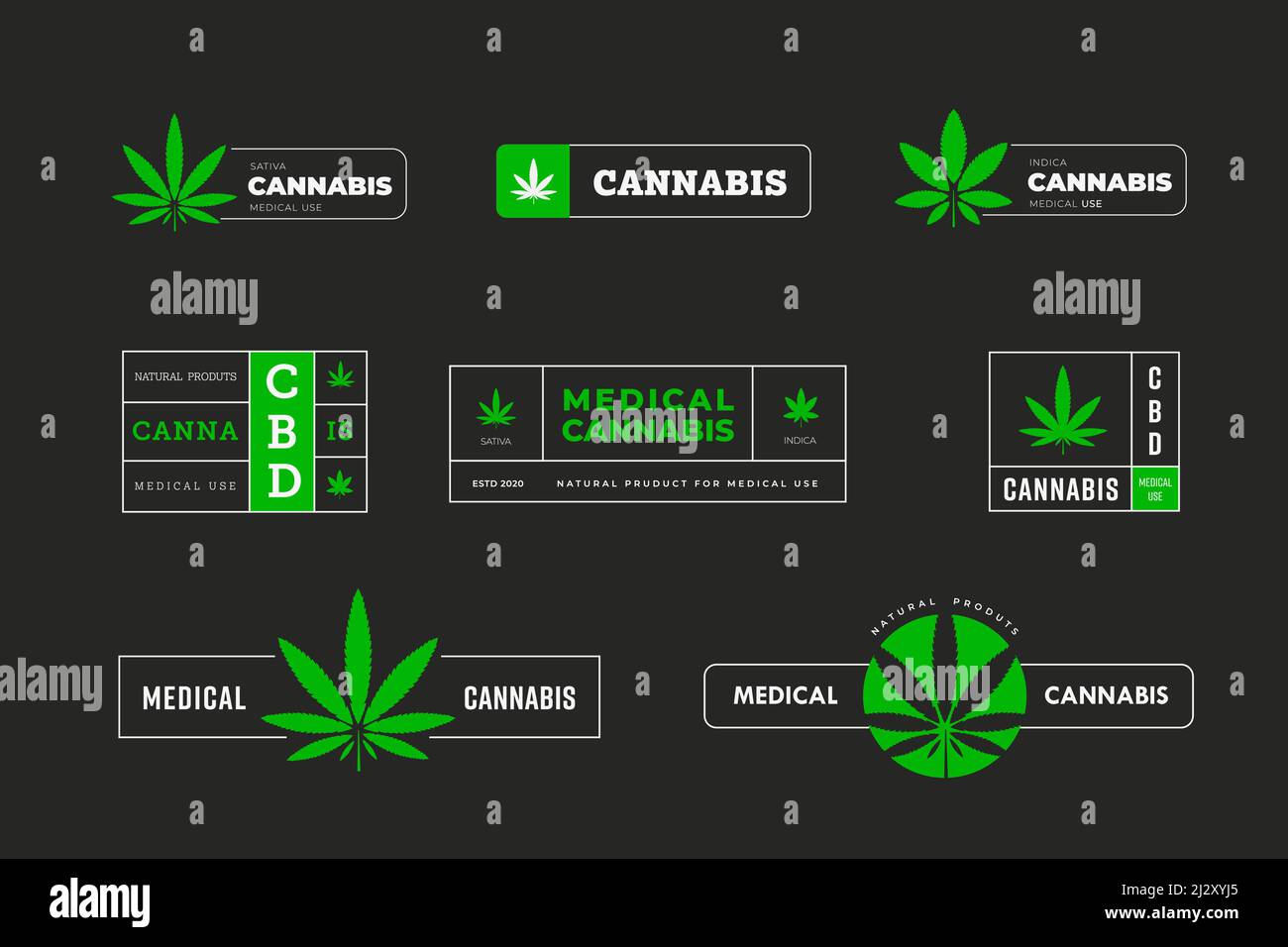 Adesivi vettoriali verdi con indicazioni e sativa. Logo grafico con foglia di marijuana. Modello di icona e emblema con cannabis sbd e tgc in piastre Illustrazione Vettoriale