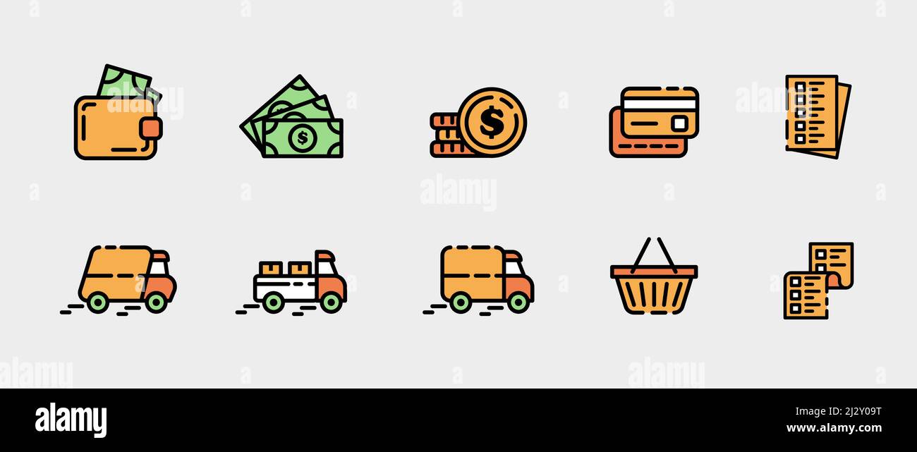 Disegno di icone vettoriali sul tema delle vendite nel negozio online, pagamento con carta e consegna. Modello di illustrazione lineare in arancione, giallo e verde Illustrazione Vettoriale