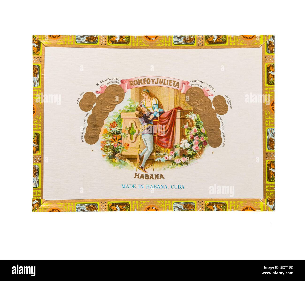 Un colorato Romeo Y Julieta Habana coperchio cubano scatola sigari - fabbricato in Habana Foto Stock