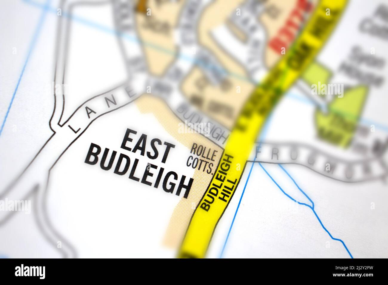 East Budleigh Village - Devon, Regno Unito mappa dell'atlante a colori e nome della pianta della città Foto Stock