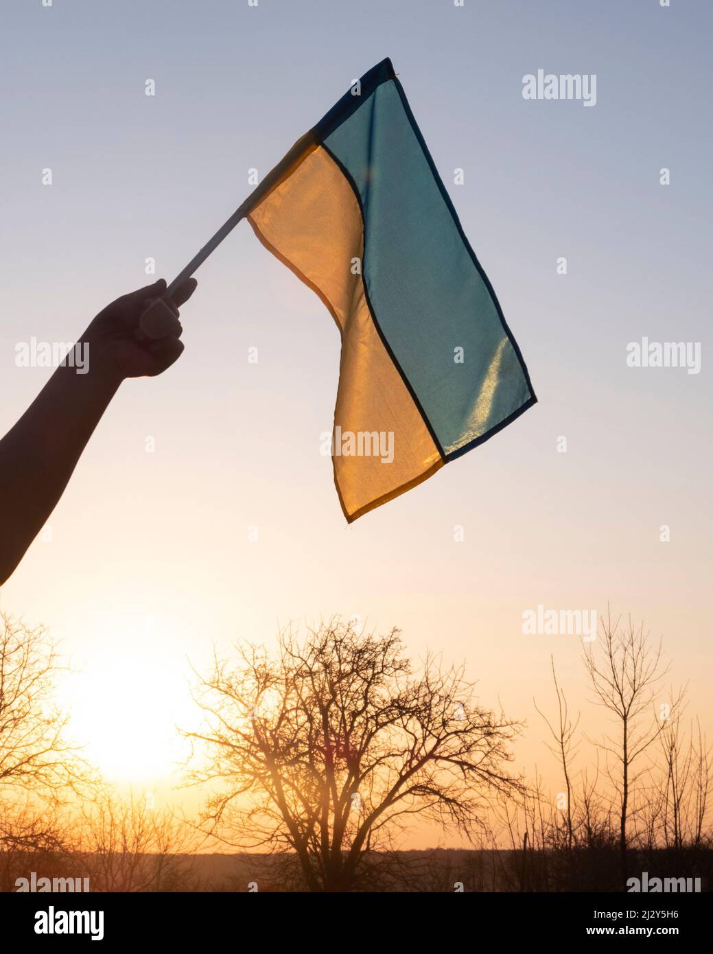 bandiera dell'ucraina in mano sullo sfondo di un cielo giallo-blu tramonto. Foto Stock