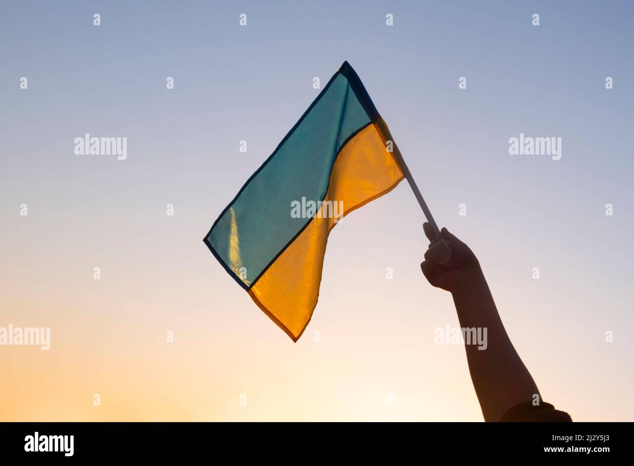 bandiera dell'ucraina in mano sullo sfondo di un cielo giallo-blu tramonto. Foto Stock