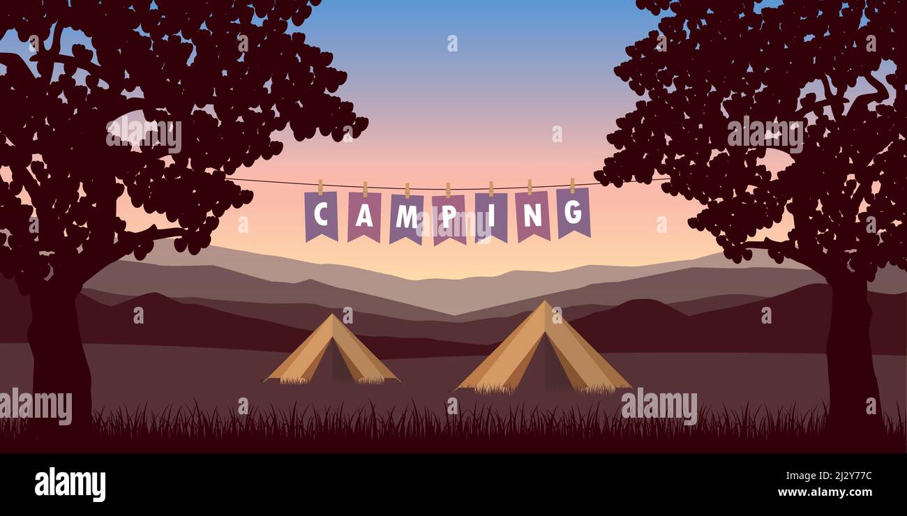 accampamento estivo tende tra gli alberi sul prato con vista sulle montagne Illustrazione Vettoriale