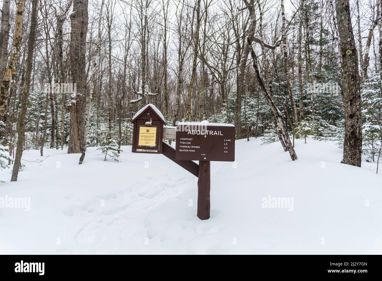 Abol Trail Sign, Mount Katahdin, Inverno, Northern Terminus Appalachian Trail, Baxter state Park, la montagna più alta del Maine. Foto Stock