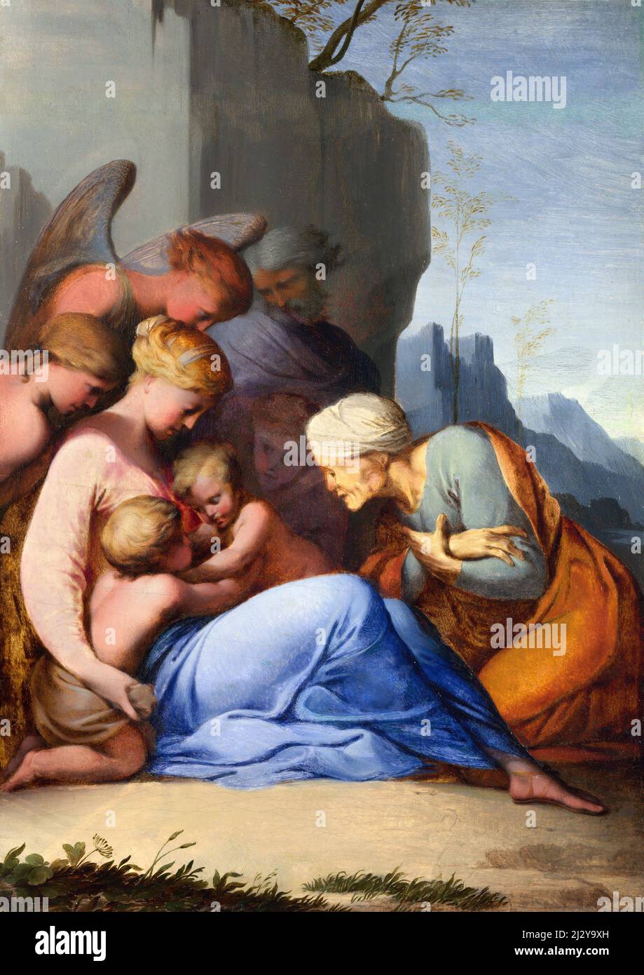 Santa Famiglia con il Bambino San Giovanni Battista, Santa Elisabetta e tre figure dell'artista francese, Lubin Baugin (c.. 1612-1663), olio su legno, c.. 1642 Foto Stock