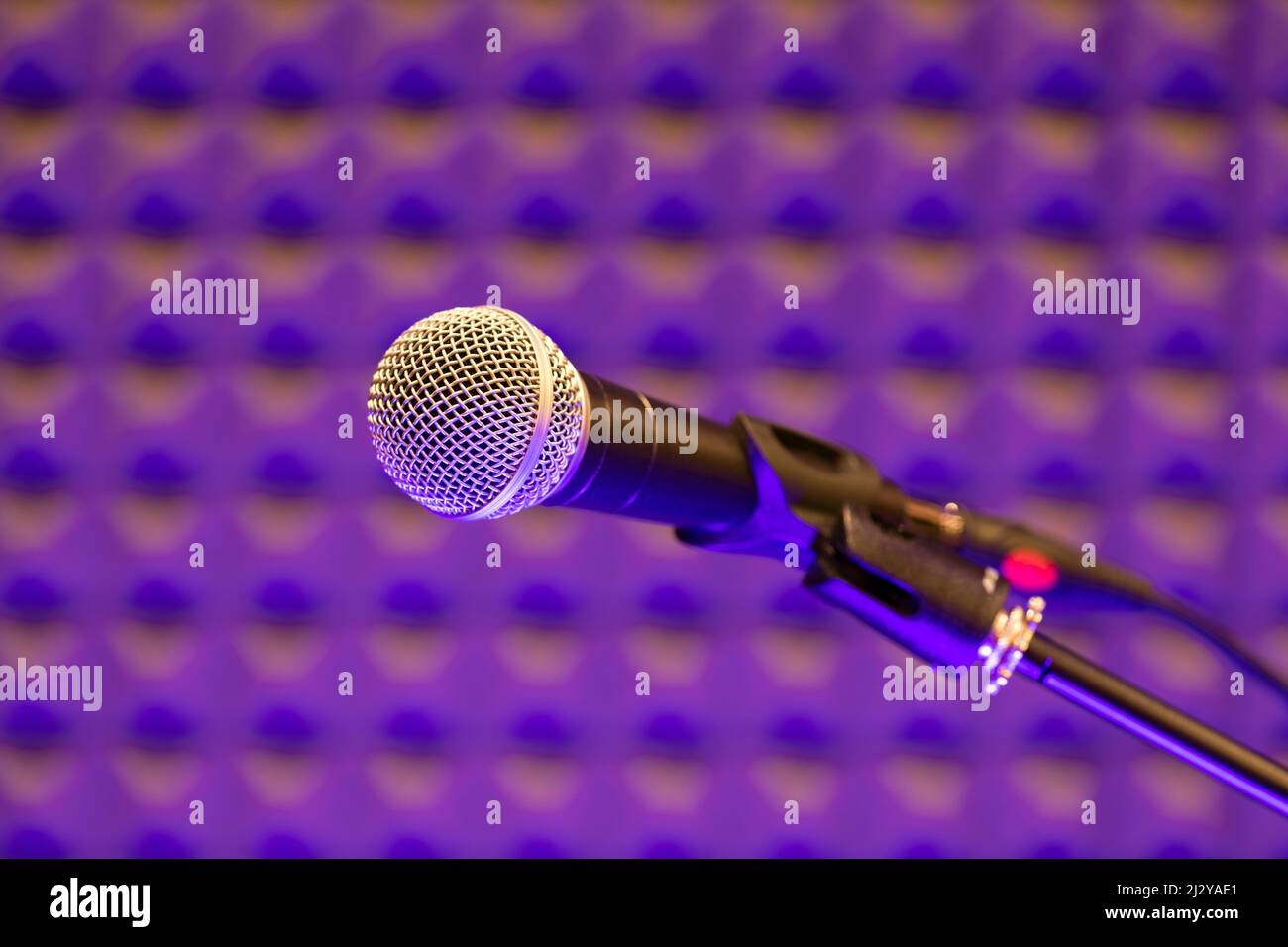 Primo piano su un microfono o microfono professionale in uno studio di registrazione per la musica o l'amplificazione vocale e la trasmissione dell'audio e del suono Foto Stock