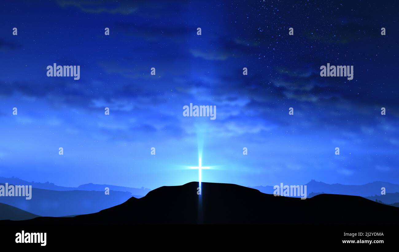 Croce luminosa sulla collina con le nuvole che si muovono sul cielo stellato. Pasqua, risurrezione, vita nuova, concetto di redenzione. Foto Stock