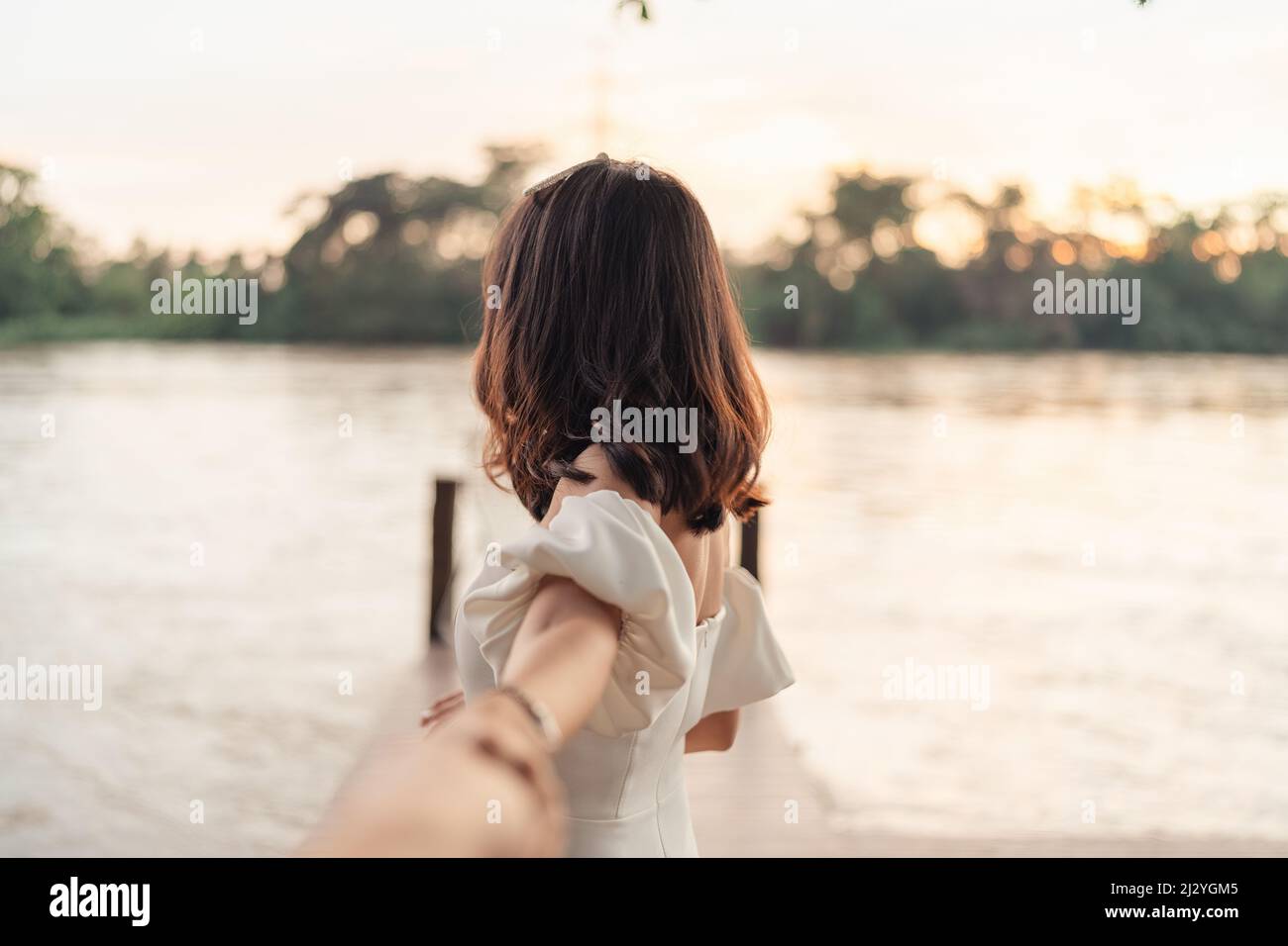Sposa in abito da sposa bianco che tiene le mani con fiance su sfondo sfocato tra la natura in serata Foto Stock