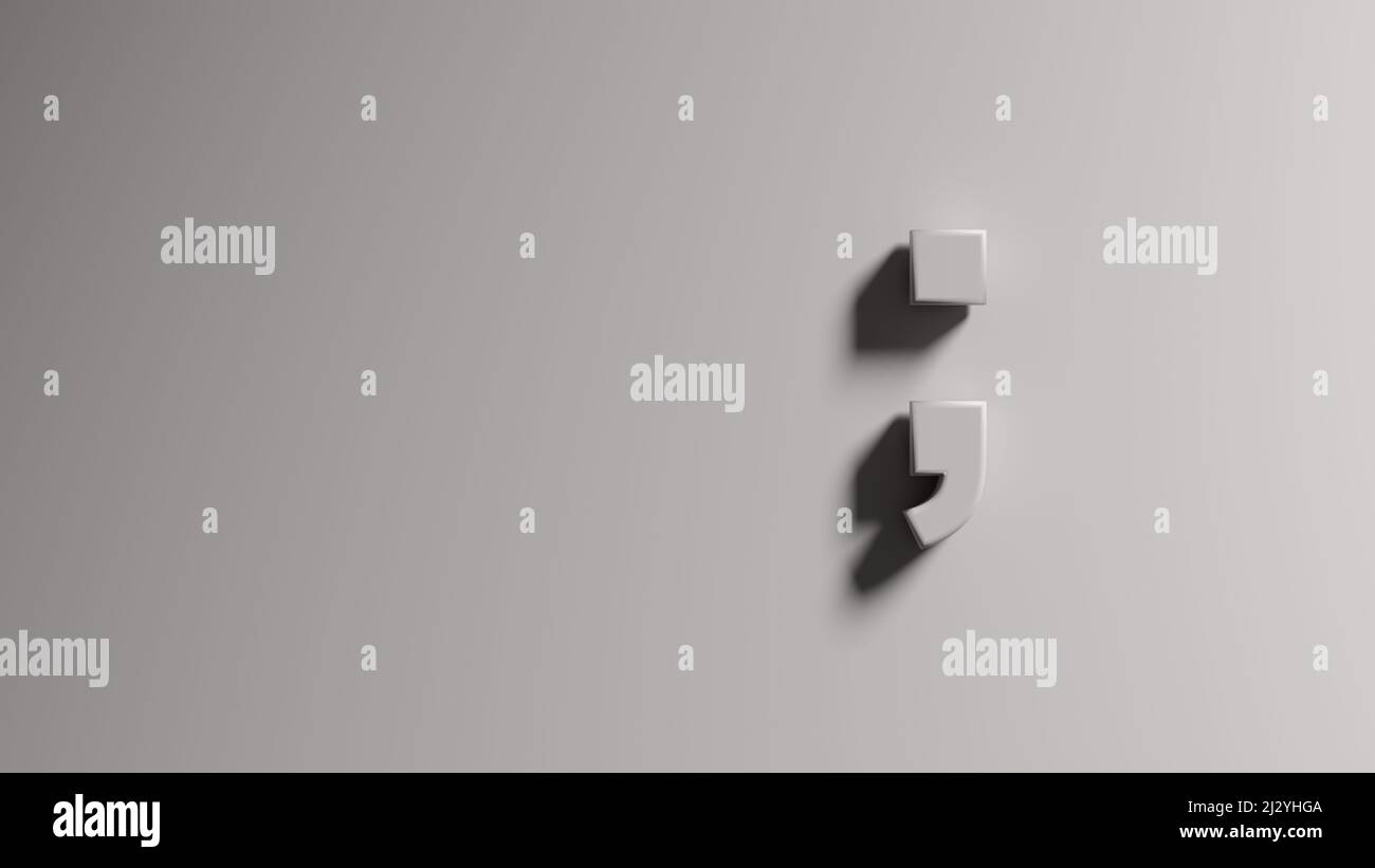 Simbolo o segno a punto e virgola su sfondo grigio. 3D rendering. Foto Stock