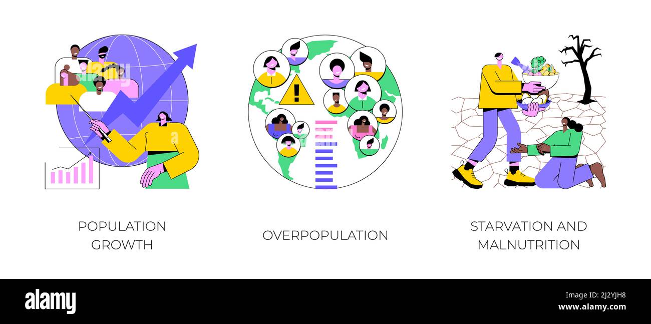 Set di illustrazioni vettoriali del concetto astratto dei dati demografici. Crescita demografica, sovrappopolazione, fame e malnutrizione, crescita della quantità umana, fame e mancanza di cibo, metafora astratta dell'urbanizzazione. Illustrazione Vettoriale