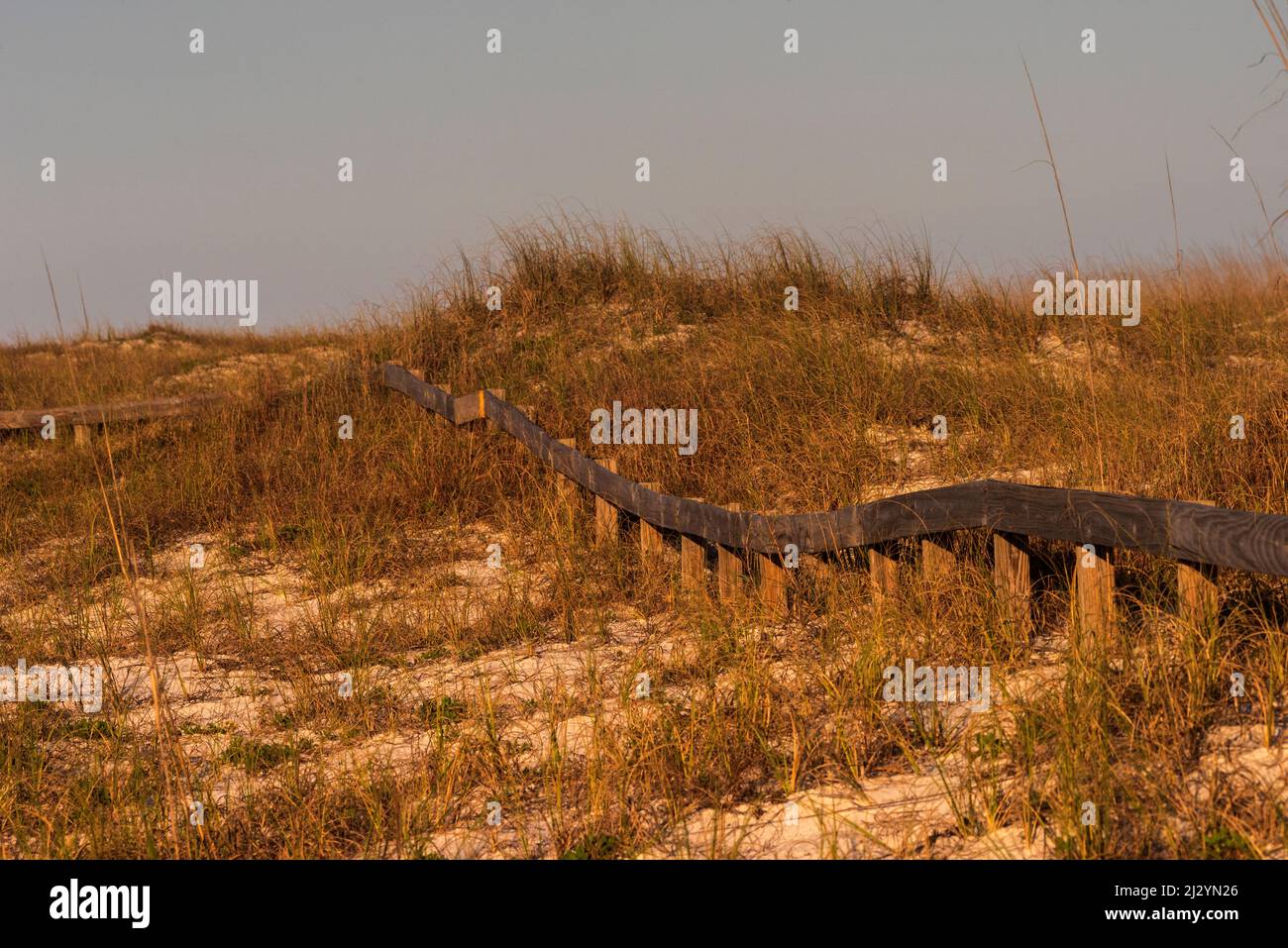 Una bassa recinzione corre lungo una duna di sabbia a Pensacola Beach, Florida. Foto Stock