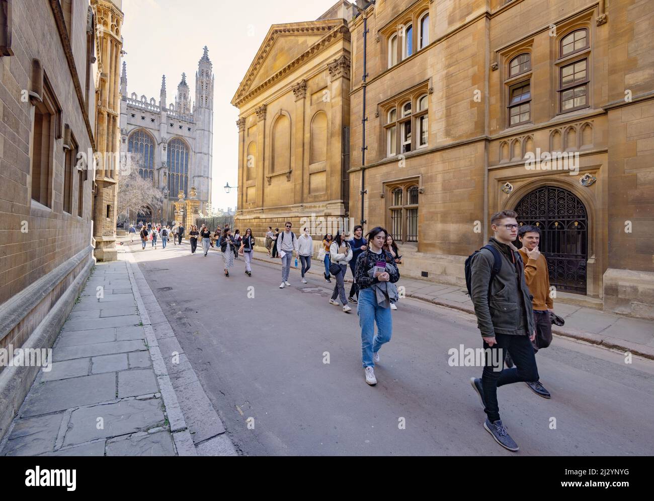 Gruppo studentesco; studenti della Cambridge University che camminano a Trinity Lane, cappella del Kings College sullo sfondo, centro di Cambridge, Cambridge UK Foto Stock