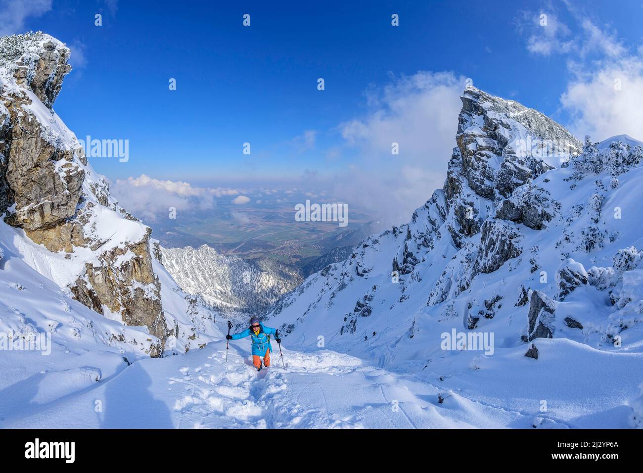 La donna in tour sciistico sale a piedi a Hohen Kisten, Hohe Kisten, Estergebirge, Alpi bavaresi, alta Baviera, Baviera, Germania Foto Stock