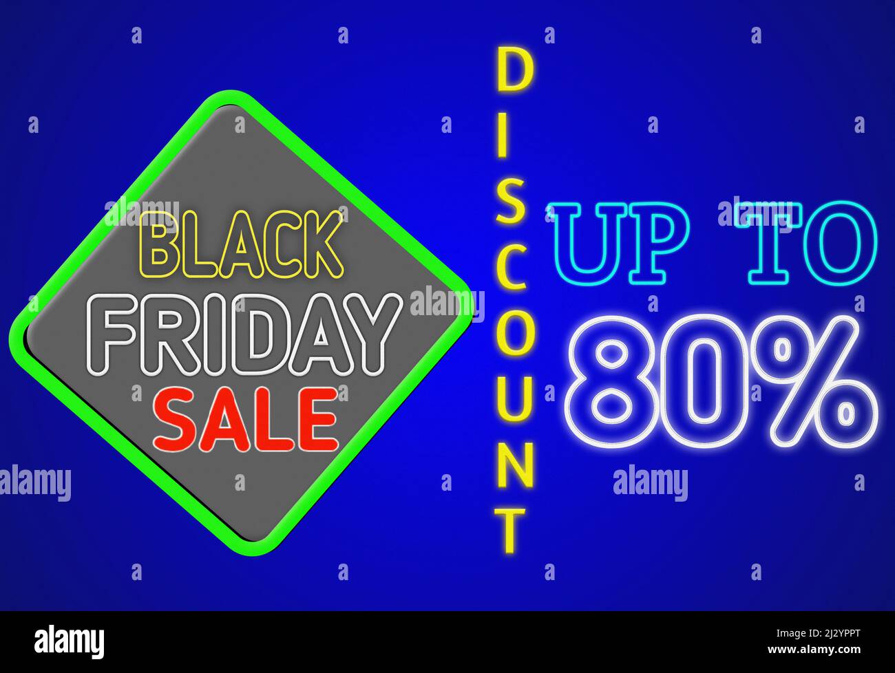 3D illustrazione nero Venerdì vendita testo neon segno astratto su sfondo blu. Sconto fino al 80%. Cartello banner e simboli al neon Foto Stock
