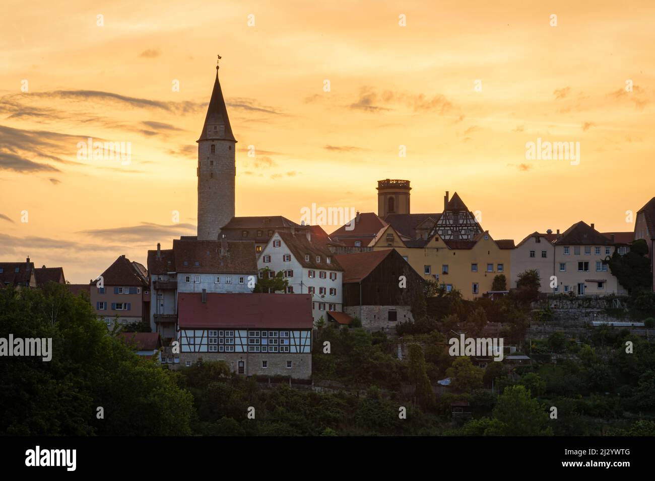 Atmosfera serale a Kirchberg an der Jagst, Schwaebisch Hall, Baden Wuerttemberg, Germania, Europa Foto Stock