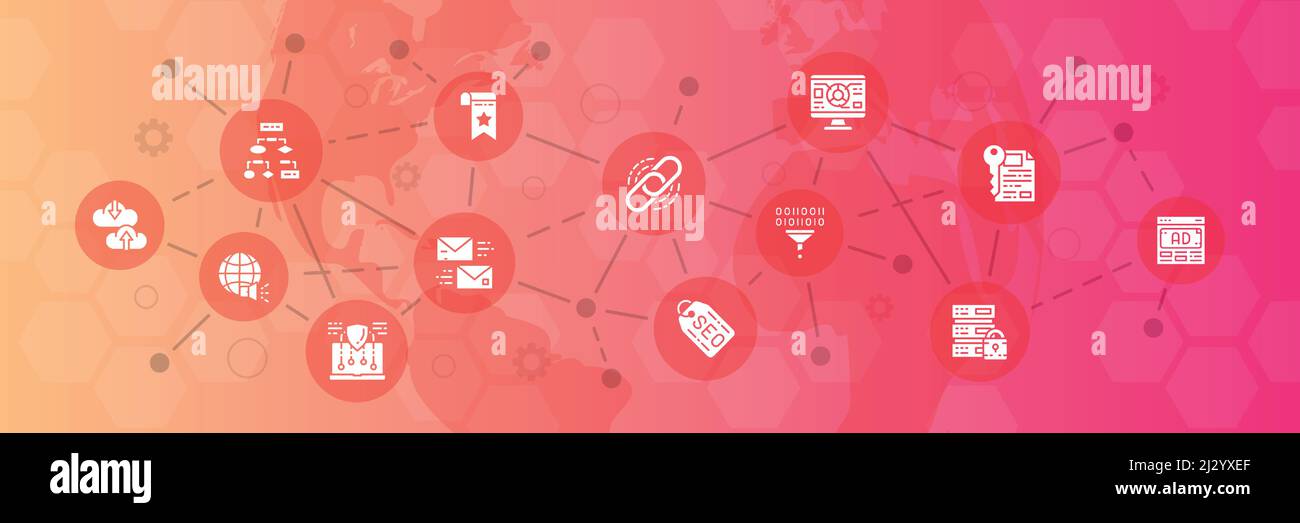 Illustrazione delle icone vettoriali SEO. Bookmark, Hosting, Hyperlink, Advertisement, Data Transfer, banner tipografico con icone della riga di promozione. Illustrazione Vettoriale
