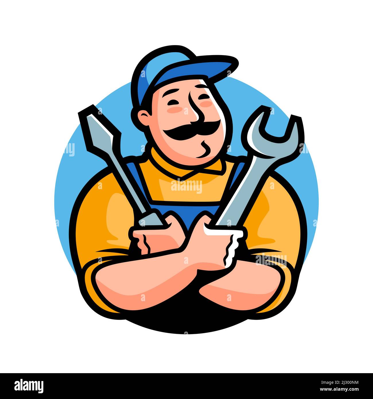 Logo dell'officina. Fregio meccanico con utensili da costruzione per autoriparazione. Illustrazione vettoriale dei caratteri cartoni animati Illustrazione Vettoriale
