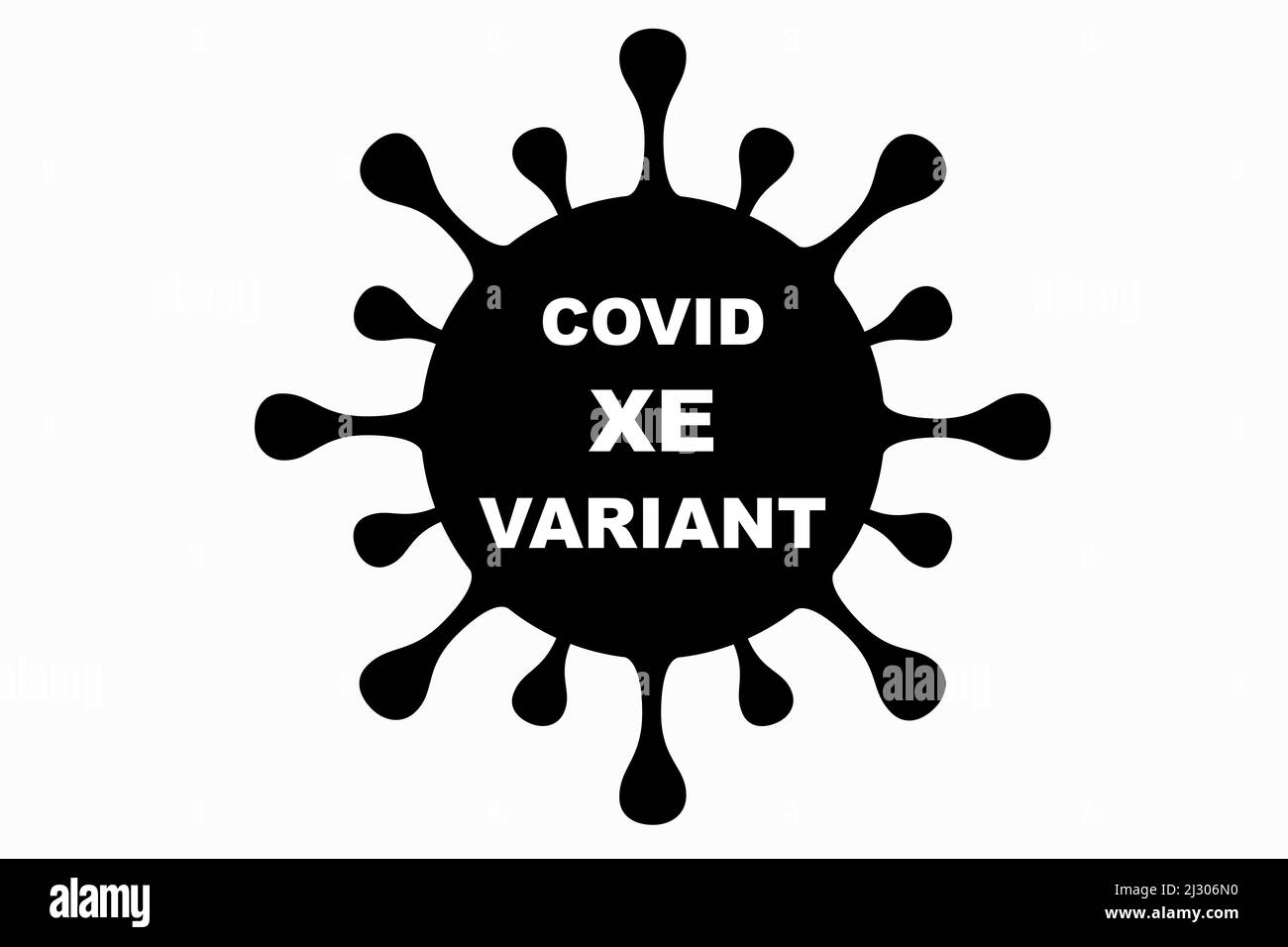 XE. Nuova variante del coronavirus SARS-COV-2. Subvariante di Omicron. Design orizzontale. Design antivirus e testo nero. Illustrazione. Foto Stock