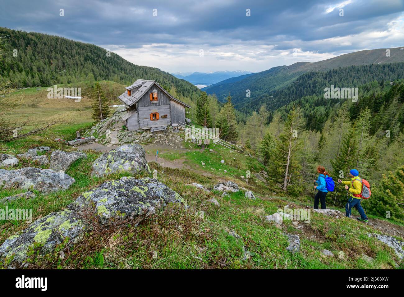 Escursione uomo e donna verso i pascoli alpini, San Oswalder Bockhütte, Nockberge, Nockberge-Trail, Unesco Nockberge Biosphere Park, Gurktal Alps, Carinzia, Austria Foto Stock